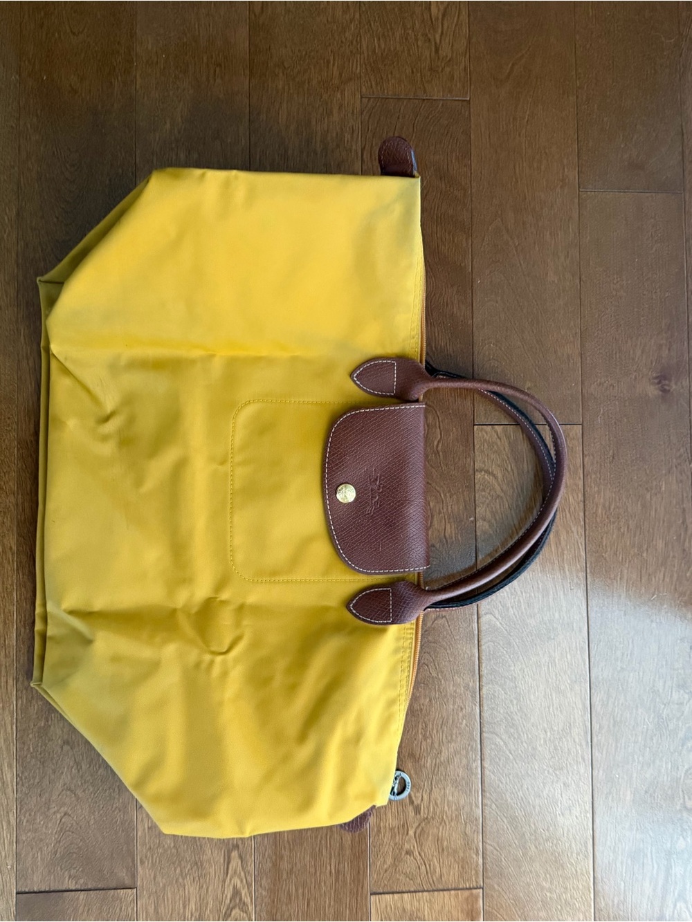 Longchamp Yellow Nylon Tote with Brown Leather Trim